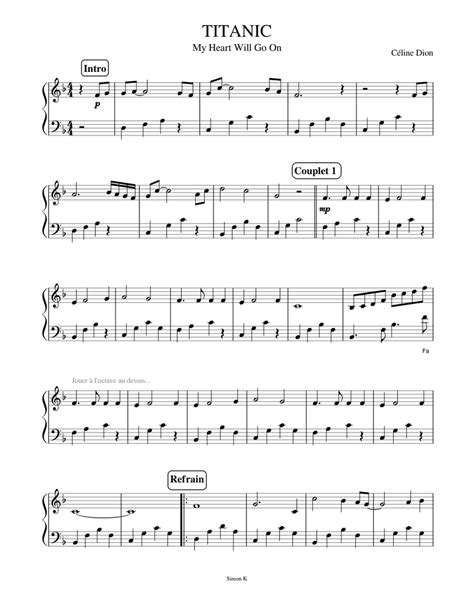 Easy Partition Piano Titanic My Heart Will Go On Sheet Music For