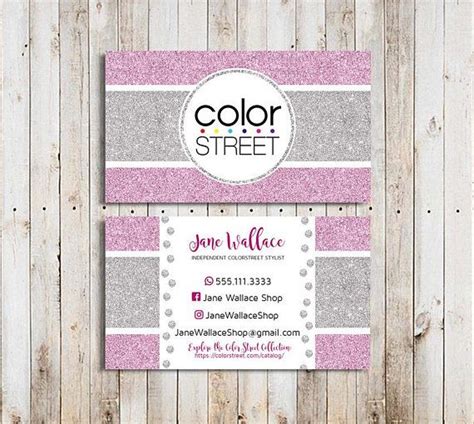 Color is great for making your cards pop, and could align you with your trusted agency's branding. Color Street Business Cards Pink and Silver Color Street Marketing Vendor Cards Color Street Gr ...