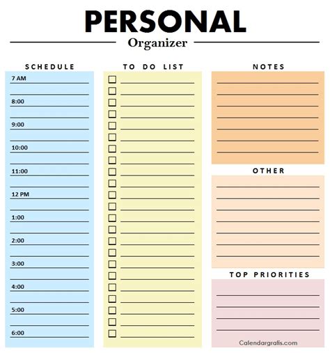 Personal Organizer Planner Template To Do List Notes Goals Maker