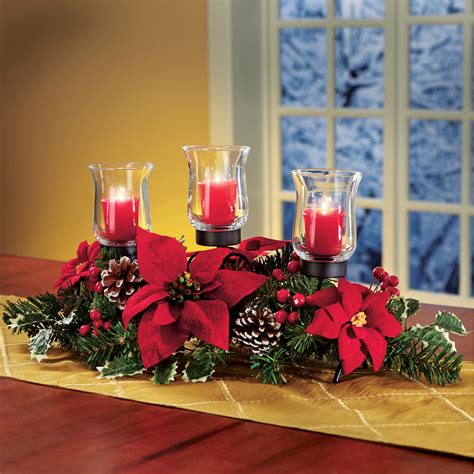 Christmas Poinsettia Candle Holder Centerpiece With Pinecones Red