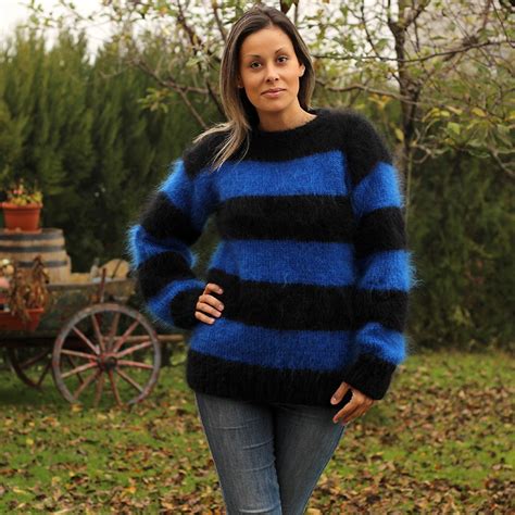 Hand Knit Mohair Sweater Striped Black Blue Fuzzy Crew Neck