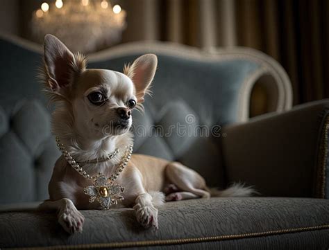 A Small Dog Wearing A Pearl Necklace And Pearls On Its Collar Sitting