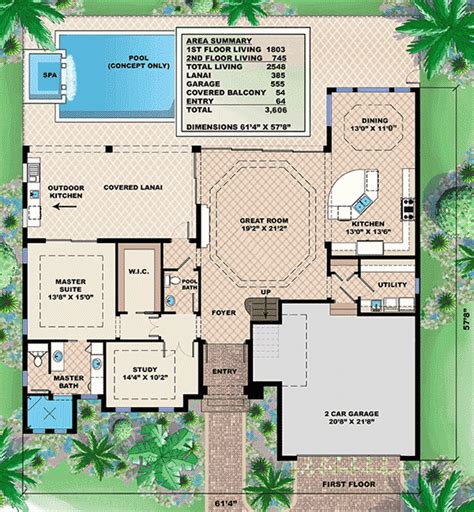 The foyer has views extending all the way through the great room and to the lanai beyond. Plan 66319WE: West Indies House Plan With Great Outdoor Areas | House plans, Florida house plans ...
