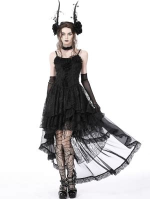 Black Gothic Ghost Frilly Lace High Low Strap Party Dress