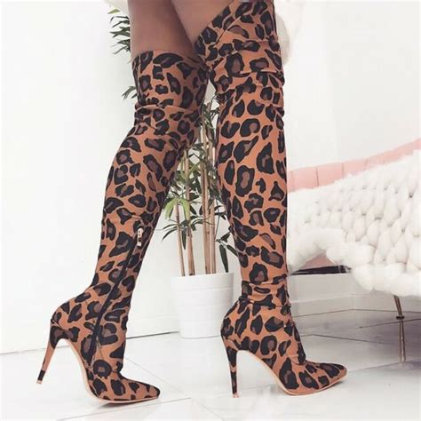 popular women leopard print stilettos pointy toe over the knee thigh high boots ebay