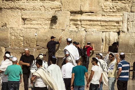 Unidentified Jews Spend Bar Mitzvah Ceremony Near Western Wall Stock