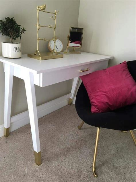 Cute Sleek And Classy White Small Desk With Gold Dipped Legs And Gold