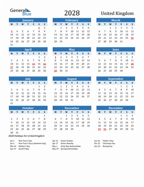 United Kingdom 2028 Calendar With Holidays
