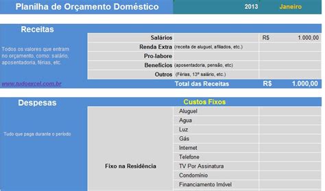 Planilha De Orçamento Doméstico Planilhas Guia De Compra