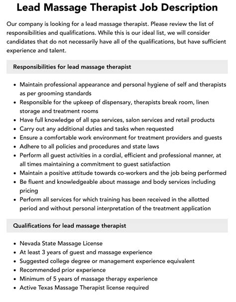 lead massage therapist job description velvet jobs