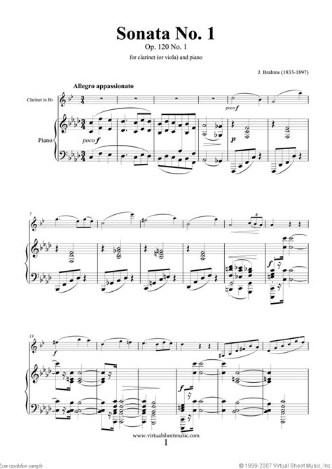 Skill level for clarinet and piano parts varies from grade 2 to grade 4. Brahms - Clarinet (or viola) Sonata No.1 in F minor Op.120 ...