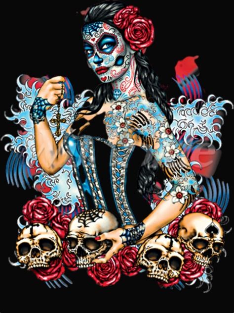 Skull Illustration Day Of The Dead Pinup With Skulls And Roses Dia