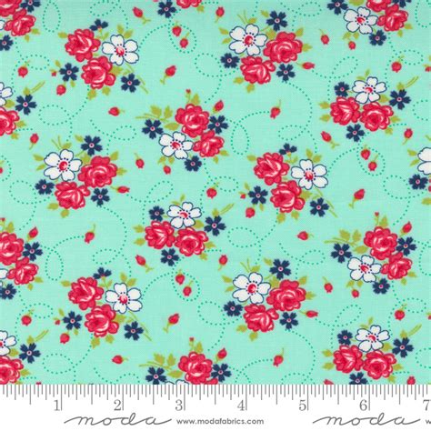 Moda One Fine Day Bliss Small Floral Roses Vintage Aqua Fabric By