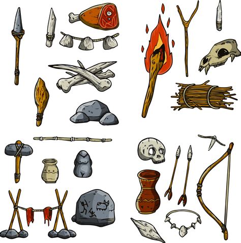 Set Of Items Of Primitive Man And Hunter Weapons Of Caveman Stone Age