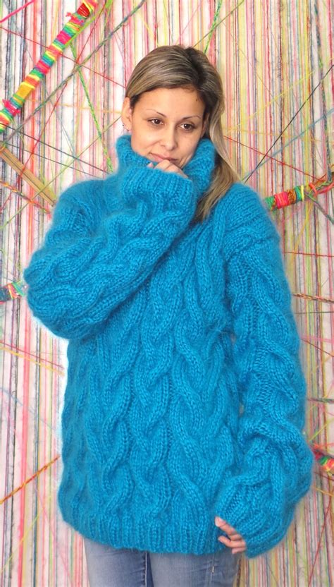 Hand Knit Mohair Sweater Cable Blue Fuzzy Turtleneck Jumper Etsy