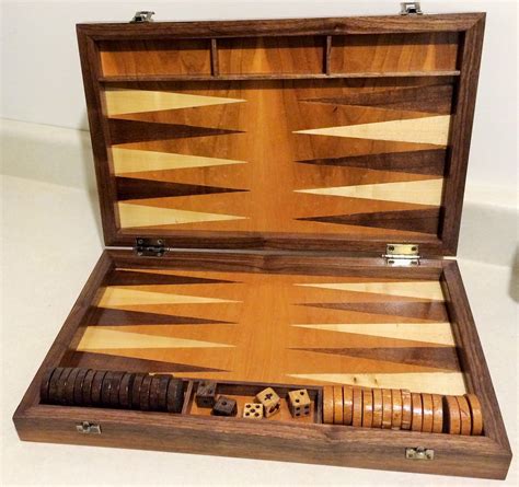 Wooden Backgammon Board With Handmade Dice And Game Pieces