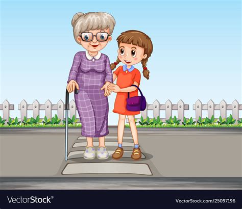 A Girl Helping Grandmother Crossing Road Vector Image