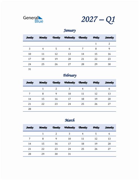 Q1 Quarterly Calendar 2027 In Pdf Word Excel