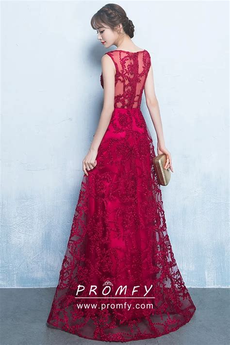 Perfect Scarlet Red Lace Long A Line Formal Dress Promfy