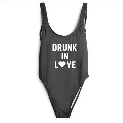 Drunk In Love Letter Print Bodysuit Women Sexy One Piece Bathing Suit Swimsuit Funny Tumblr