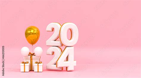 3d Rendering Happy New Year 2024 Gold 3d Text Effect Banner Design Template Stock Illustration