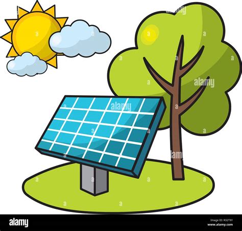 Ecological Green Panel Solar Con árboles Y Sol Cartoon Ilustración