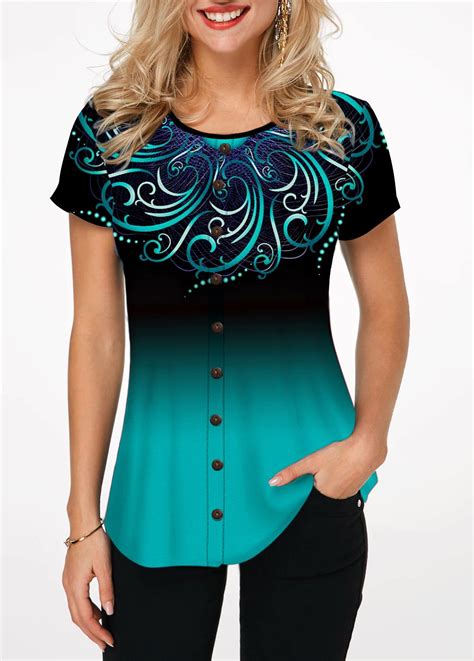 Round Neck Button Embellished Printed Blouse Trendy Fashion Tops