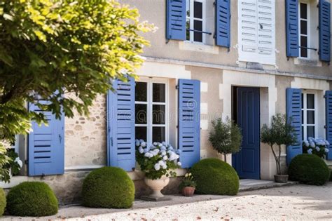 Classic Blue Shutters And White Exterior Of French Country House Stock