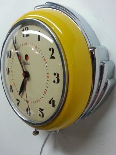 Vintage Art Deco Chrome Yellow GE Telechron 2H09 Kitchen Clock