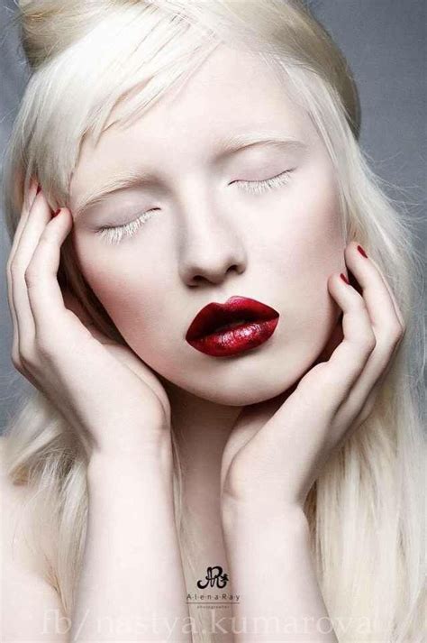 Nastya Zhidkova With Eyes Closed Wearing Red Lipstick Albino Girl