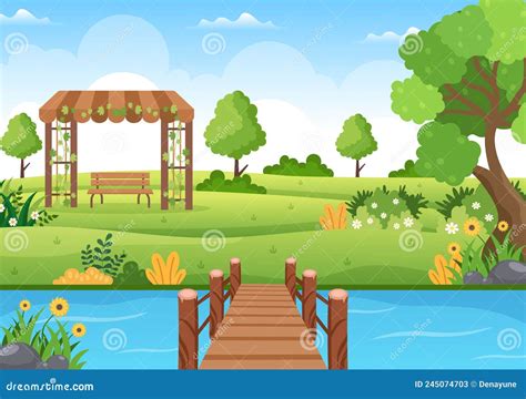 Beautiful Garden Cartoon Background Illustration With A Landscape