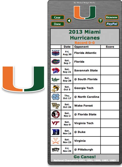 Free 2013 Miami Hurricanes Football Schedule Widget Go Canes National Champions 2001