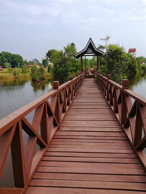The View Of Brown Wooden Bridge At The Lakeside Garden Stock Photo