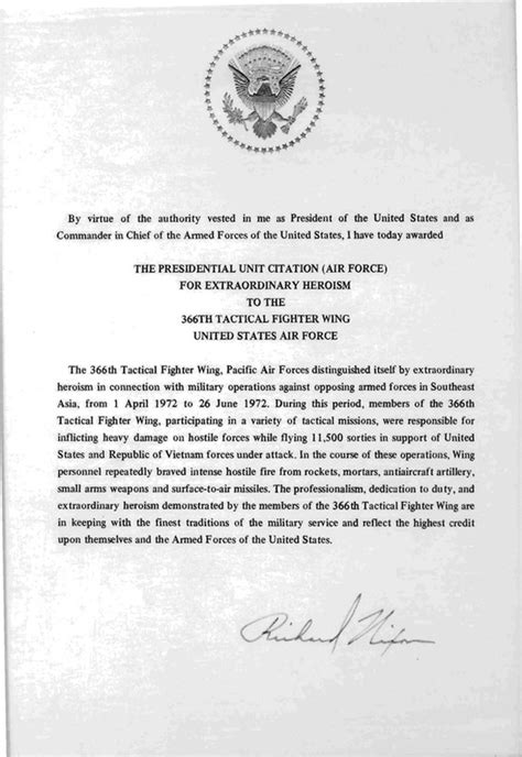 Presidential Unit Citation 1972 366th Fighter Association