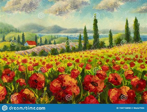 Red Poppies Painting Italian Lavender Summer Countryside French