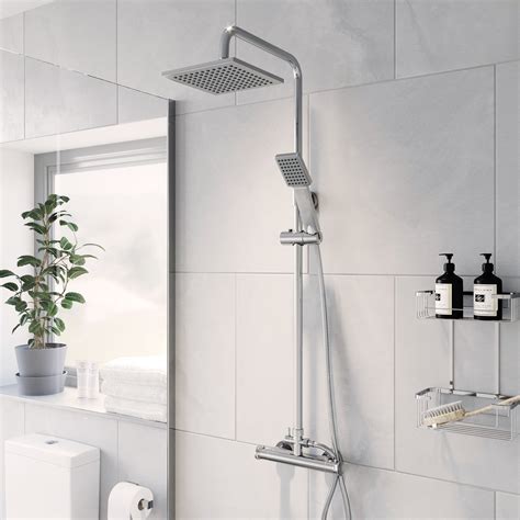 Bathroom Thermostatic Mixer Shower Set Square Chrome Twin Head Exposed