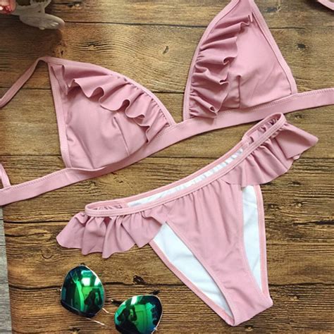 Sexy Pink Bikini Set Padded Cami Frilly High Leg Cut Biquinis Cute Girl Swimsuit Swimwear