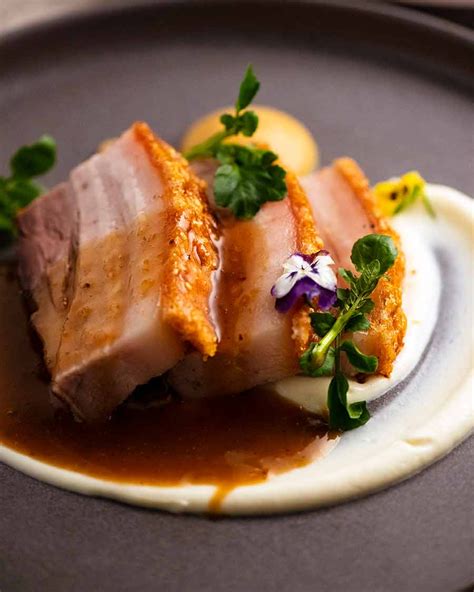 Fine Dining Restaurant Plating Of Slow Roasted Crispy Pork Belly Slow Roast Pork Roast Pork