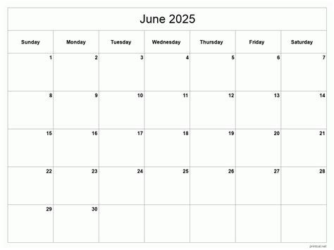 Printable June 2025 Calendar Classic Blank Sheet