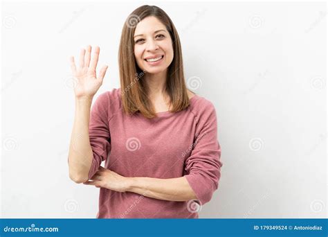 Pretty Woman Waving Hello With Her Hand Stock Photo Image Of Hello