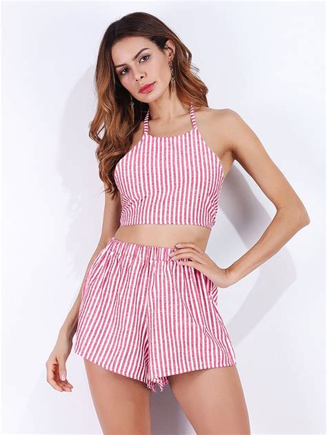 Mulheres Stripe Crop Top E Shorts Two Pieces Set Crop Top And Shorts Short Sleeve Tee Dress