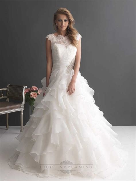 Cap Sleeves Ruffled Layered Ball Gown Wedding Dresses With Ruched Band