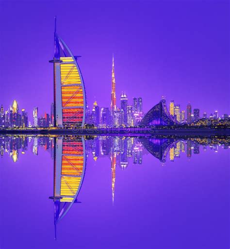 Dubai City Skyline At Sunrise At Sunrise United Arab Emirates Stock