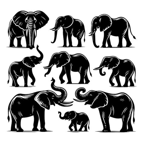 Conjunto De Siluetas De Elefantes Aisladas En Un Fondo Blanco