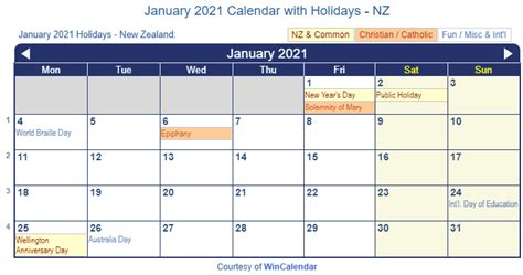 Print Friendly January 2021 New Zealand Calendar For Printing