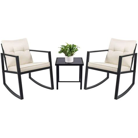 Vineego 3 Pieces Outdoor Bistro Set Rocking Wicker Chair Sets Cushioned