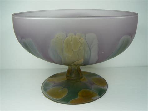 Rueven Glass Pedestal Bowl Hand Painted By Nouveau Art Glass Company