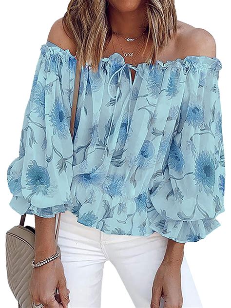 Lapa Womens Off Shoulder Top Cute Puff Sleeve Floral Ruffle Blouse