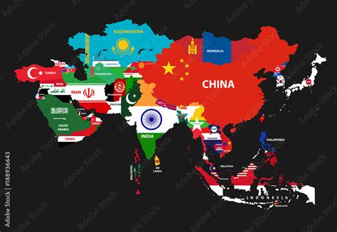 Asia Continent Map With Countries Mixed With Their National Flags Vector Illustration Stock