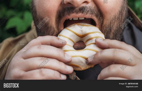 Fat Man Eats Donut On Image And Photo Free Trial Bigstock